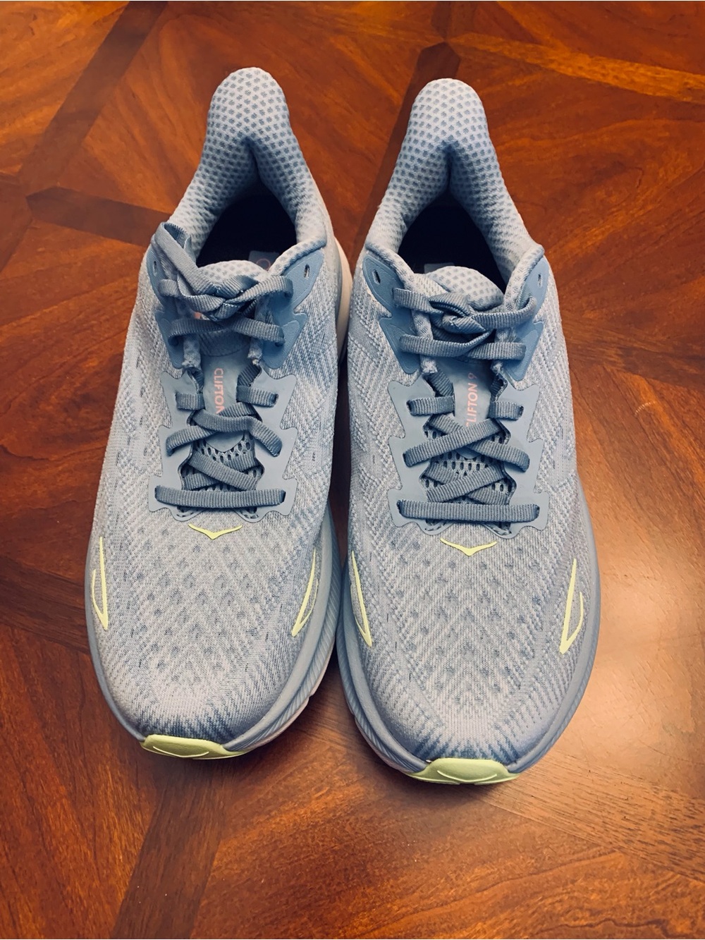 NWOB Hoka Women’s Light Blue Running Shoes with Pale green and pink Accents